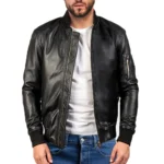 black leather bomber jacket
