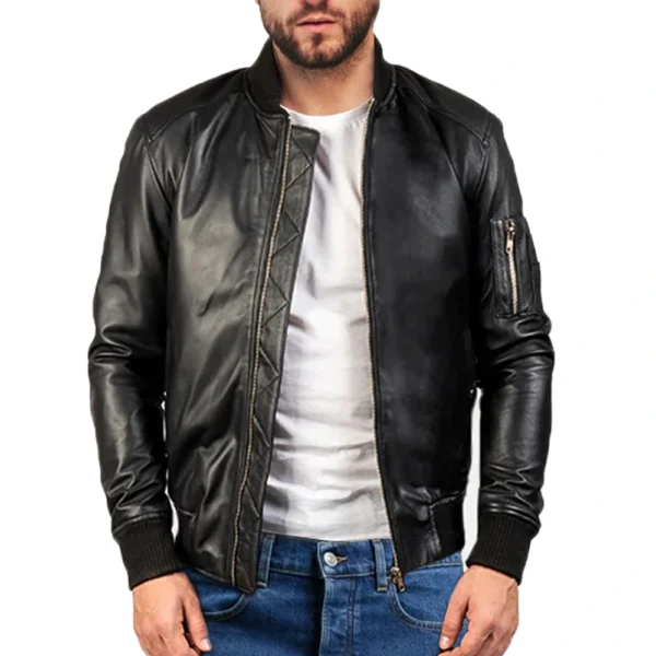 black leather bomber jacket